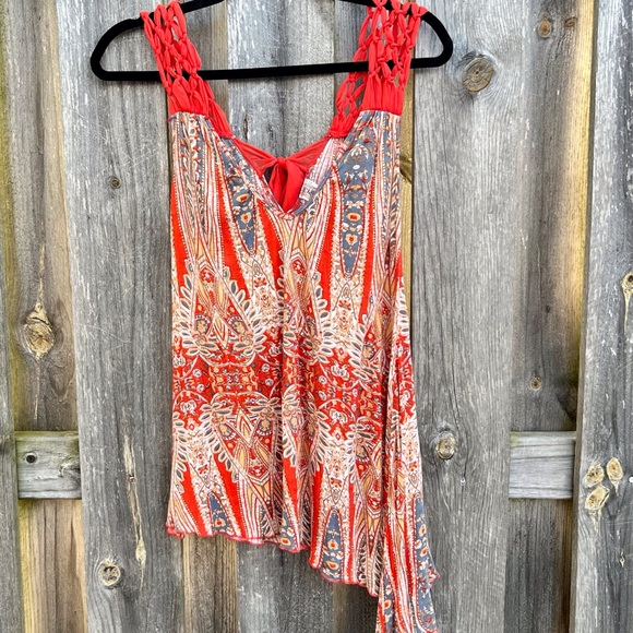 Free People Tops - Free People Red Abstract Ethnic Tribal Pattern top braided lace straps Sz xs